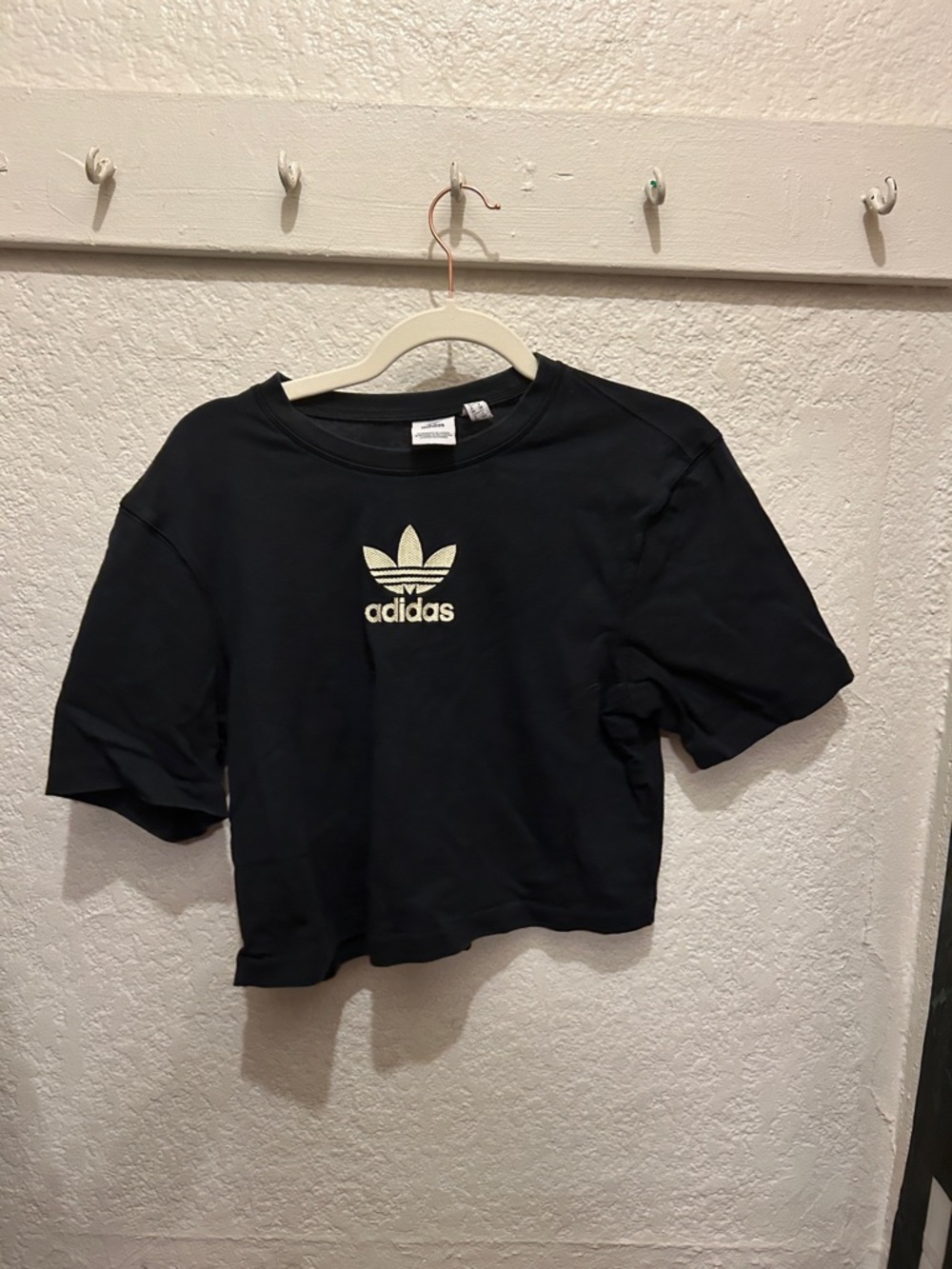 adidas Women’s Black Cropped Trefoil Tee with Cream Logo